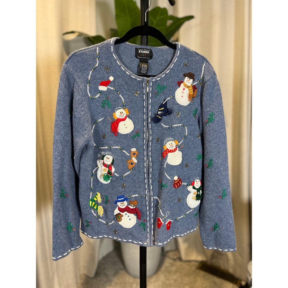 Designers Originals Studio Joy Blue Snowman Zip Cardigan Sweater Large Holiday